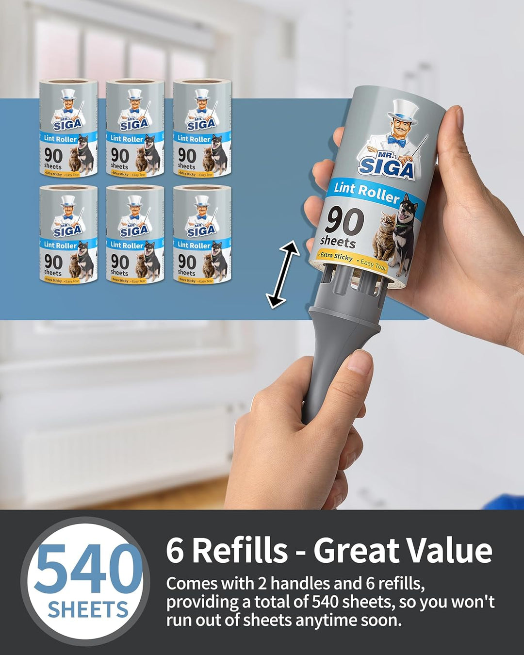 MR.SlGA Fusselrollen für Tierhaare Extra Klebrig,540 Blätter, Fusselentferner für Kleidung, Möbel, T