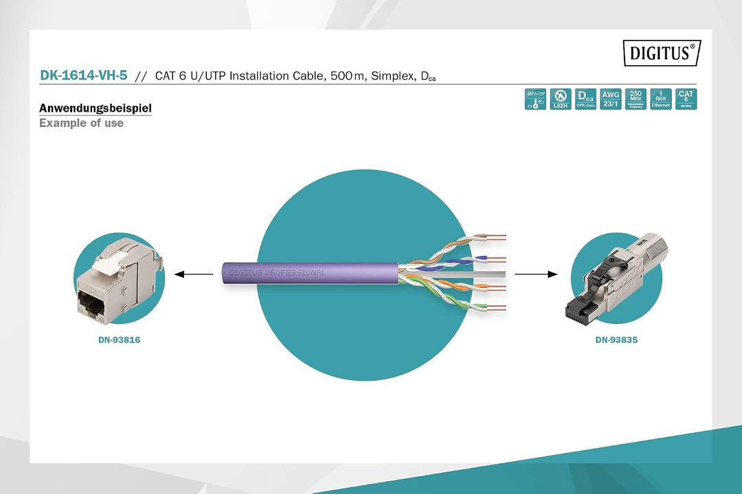 DIGITUS 500 m Cat 6 Netzwerkkabel - U-UTP Simplex - BauPVO Dca - LSZH Halogenfrei - 250 MHz Kupfer A