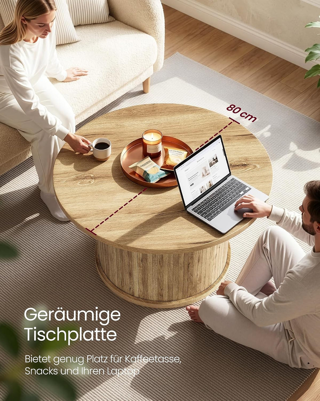 VASAGLE Couchtisch rund, 80 cm Wohnzimmertisch, Tambour-Design | Geschwungene Form, einfache Montage