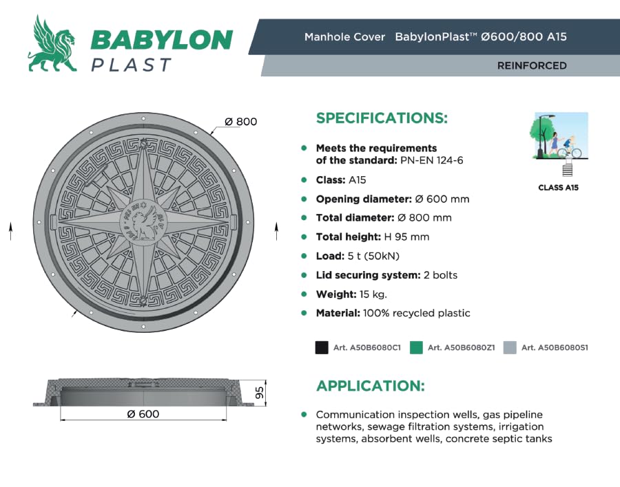 BABYLONPLAST Schachtabdeckung, Schachtdeckel DN600/750 - Runder Kunststoff Kanaldeckel, Ø 600/750 mm