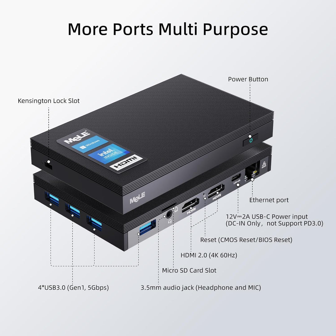 MeLE Lüfterloser Mini-PC Windows 10 Pro Celeron J4125 8GB DDR4 256GB eMMC Ultra-Thin Mini Desktop Co