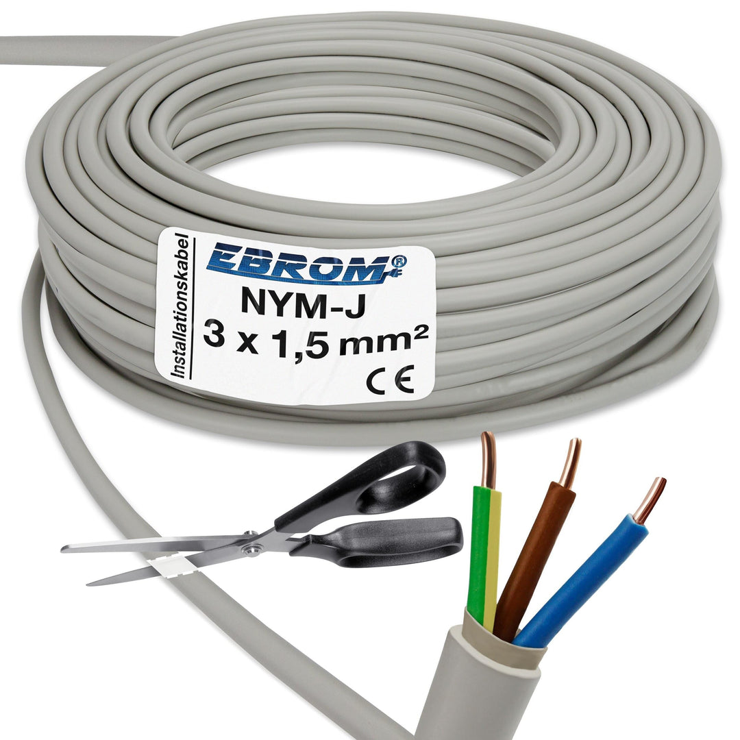 EBROM NYM-J 3x1,5 mm² Mantelleitung Installationskabel grau - Länge: 70 m | 5m bis 250 m, Installati