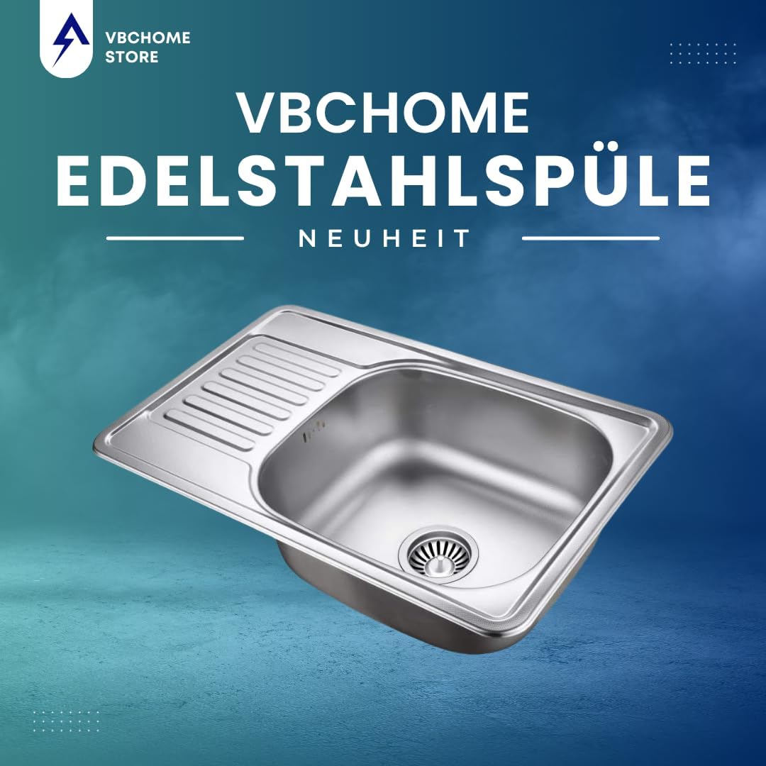 VBChome Einbauspüle 66x42 Leinenstruktur Edelstahl Ohne Hahnloch Küchenspüle Reversibel Spüle Ablage