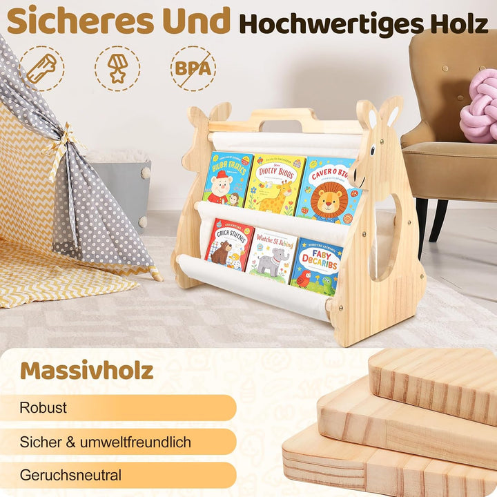Bücherregal Kinder, Montessori Regal mit Doppelter Seite Holzregal Bücherkiste Tragbar mit Griff Off