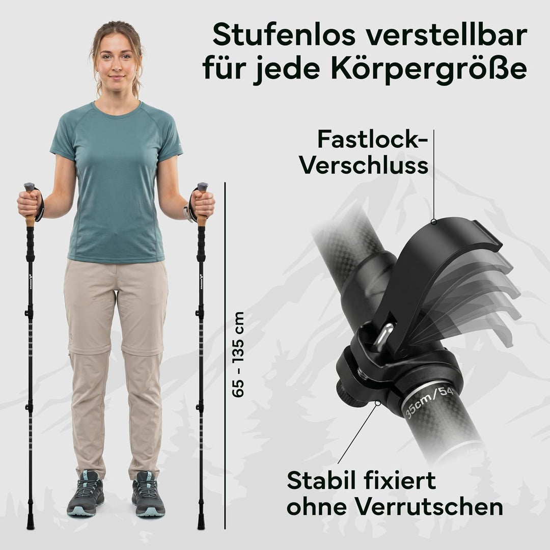 Wanderstöcke Teleskop Carbon oder Aluminium 65-135cm - Höhenverstellbare Walking Stöcke Damen & Herr