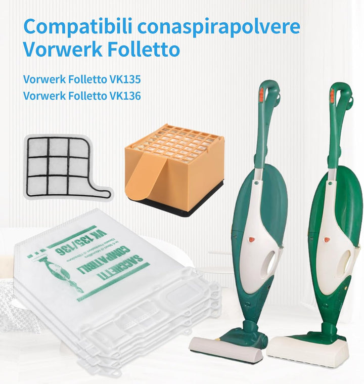 12 Staubsaugerbeutel für Vorwerk Kobold VK135 VK136 Mit 2 Motorschutzfilter +1 Hygienefilter, Premiu