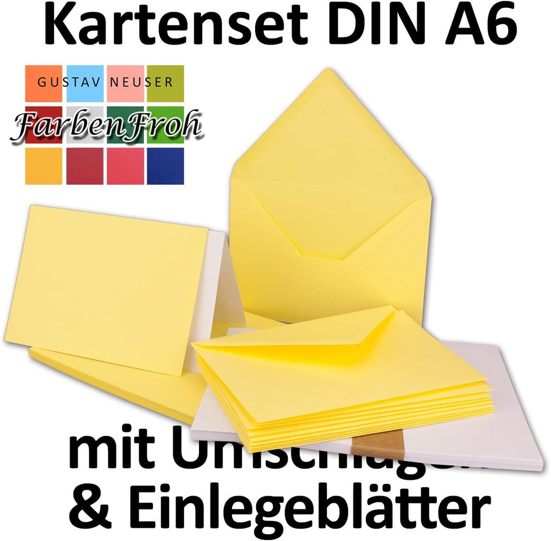 400x Faltkarten SET DIN A6/C6 mit Brief-Umschlägen in Zitronengelb - inklusive Einleger - 14,8 x 10,