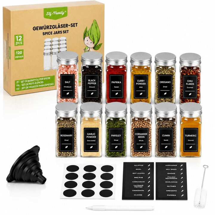 elf-family Gewürzgläser Eckig Set [12 x 120ml] mit Streueinsatz und Etiketten Premium Luftdichte Gew