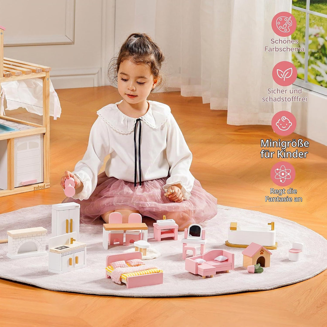 ROBUD Holz Puppenhaus Möbel Set 28-TLG, Puppenmöbel Zubehör für Puppenhaus, Schlafzimmer Küche Wohnz