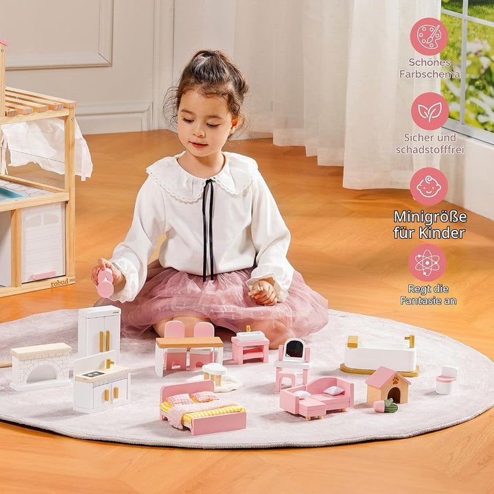 ROBUD Holz Puppenhaus Möbel Set 28-TLG, Puppenmöbel Zubehör für Puppenhaus, Schlafzimmer Küche Wohnz