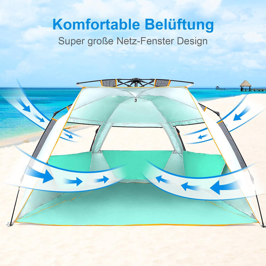 Wolfwise Strandmuschel mit Schnellaufbau für 3-4 Personen – UV-Schutz 50+, Wasserabweisend, Privater