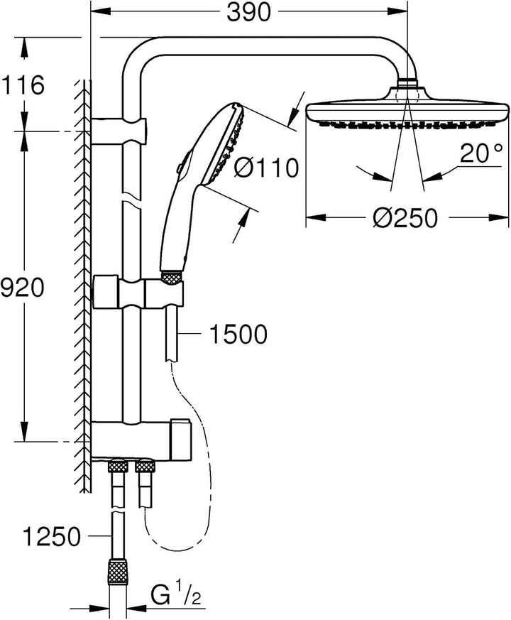 GROHE Vitalio 250, Duschset ohne Armatur, wassersparend, 8l pro Min (Regendusche für vorhandene Dusc