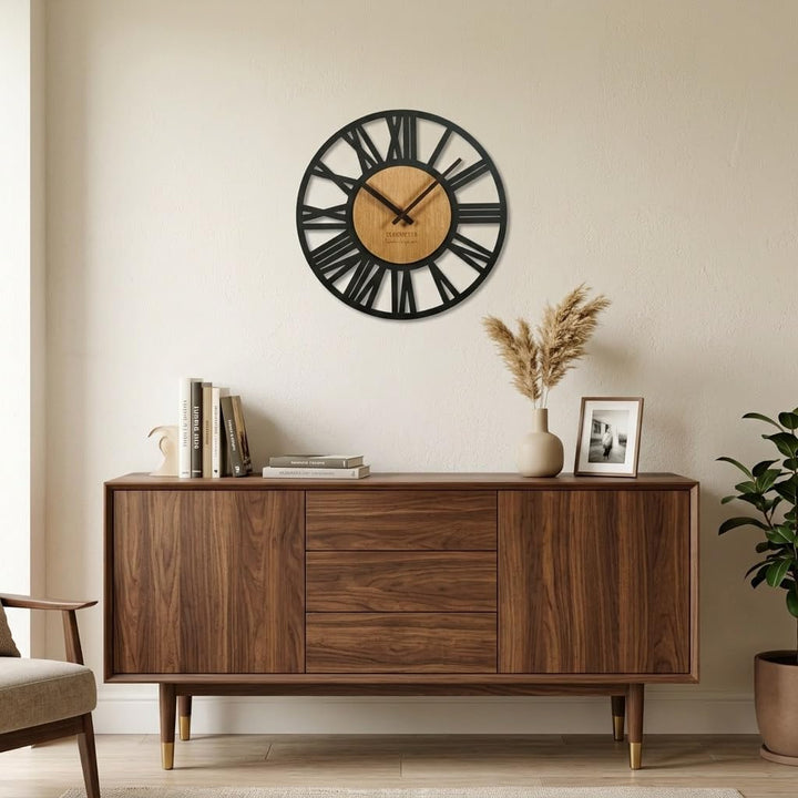 FLEXISTYLE Wanduhr gross Adulto 50cm Durchmesser LOFT Retro aus Holz Eiche ohne tickgeräusche Wohnzi
