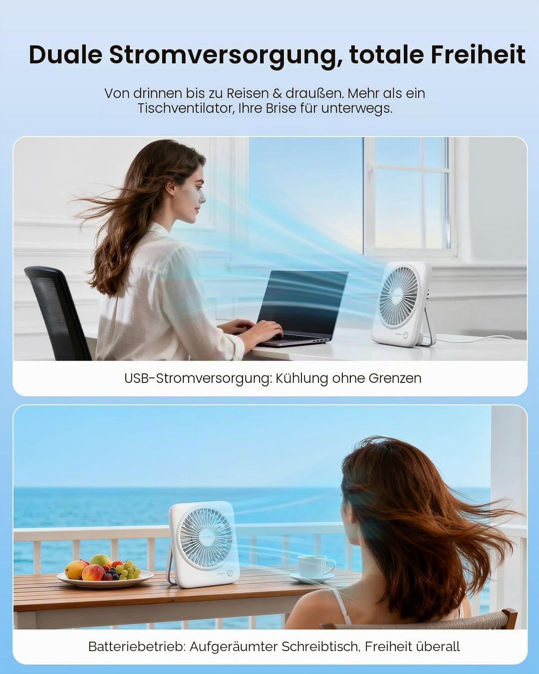Otlonpe Tischventilator Leise, 4000mAh Akku Tisch Ventilator Tragbar, 4-Speed Tischventilatoren Klei