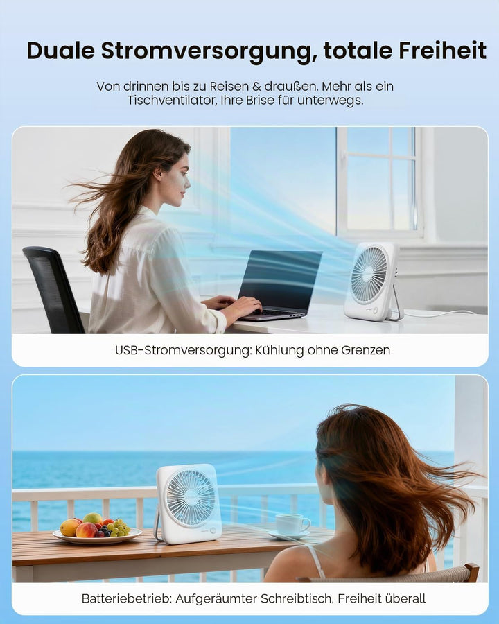 Otlonpe Tischventilator Leise, 4000mAh Akku Tisch Ventilator Tragbar, 4-Speed Tischventilatoren Klei