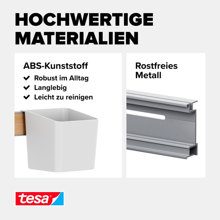 tesa Küchen-Organizer Kombi-Set S - selbstklebende Küchenleiste mit Kräutertopf, 2 Ablagen, Hakenlei