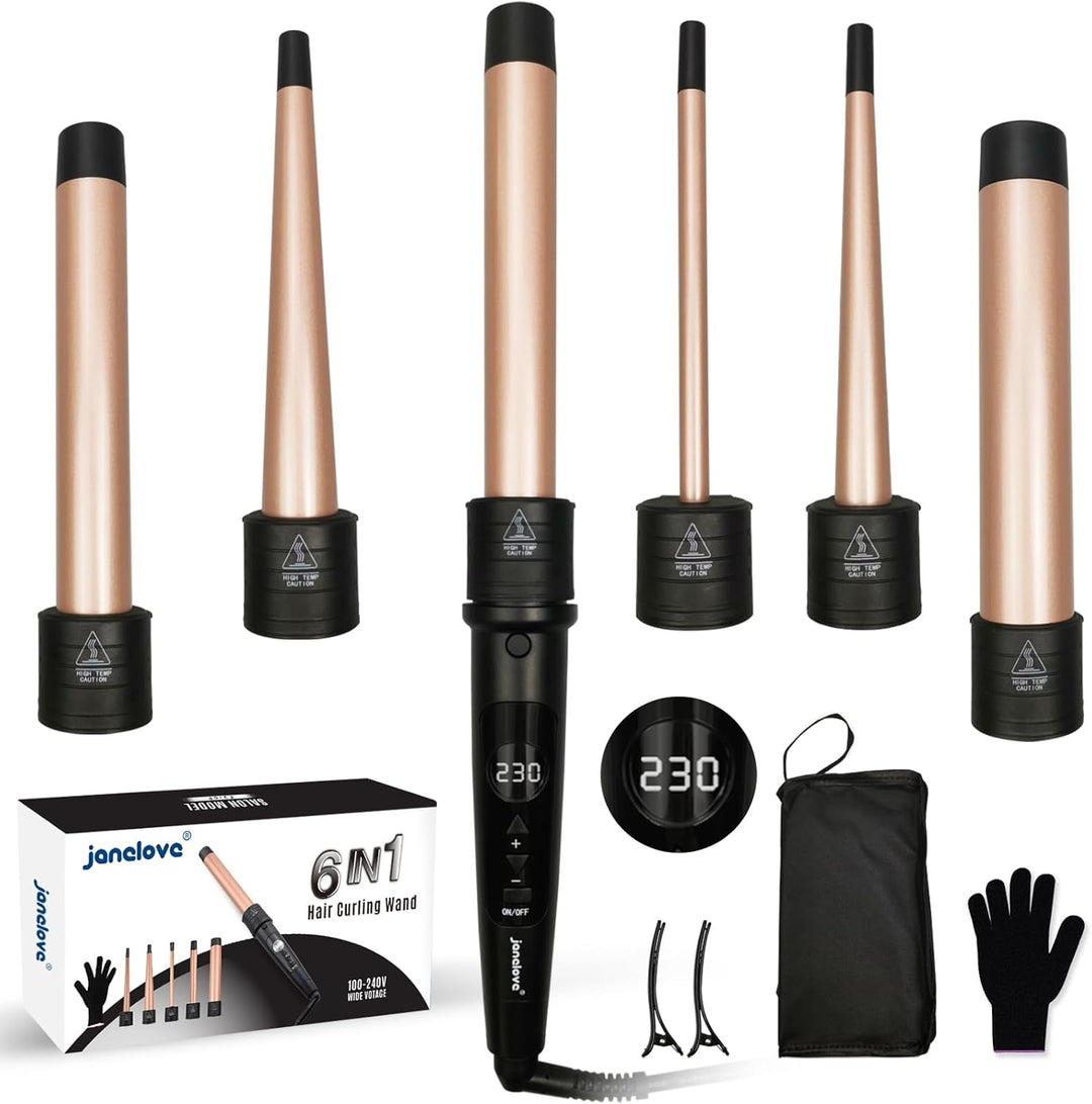 9-32mm Lockenstab mit Verschiedenen Aufsätzen - janelove 6 in 1 Lockenstab für Kurze Haare Grosse Lo