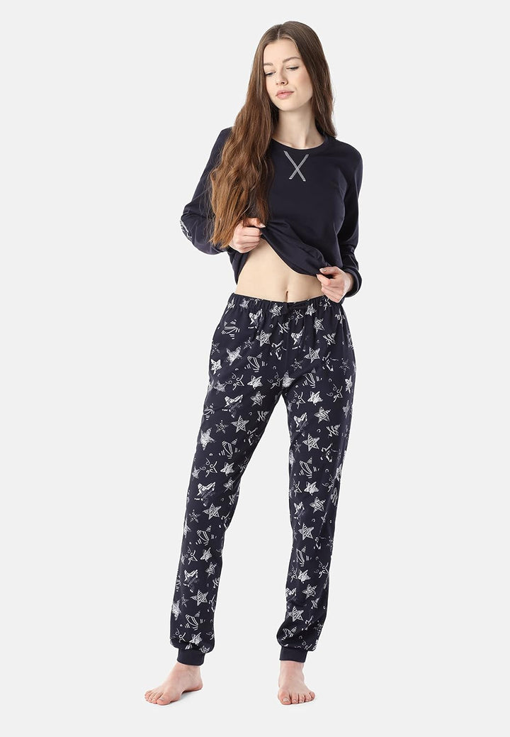 Merry Style Damen Schlafanzug aus Baumwolle Pyjama Nachtwäsche Set MS10-168 S Marineblau-silberne St