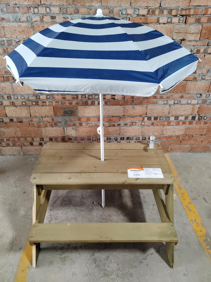 Kids 3-in-1 Sand- und Wasser-Aktivitätstisch, Holz, Outdoor, wandelbarer Picknicktisch mit Regenschi