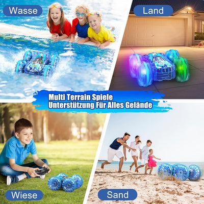 AmazeFun Amphibienfahrzeug Ferngesteuertes Auto ab 4 5 6 7 8 9 Jahre 4WD 360° RC Auto Indoor & Outdo