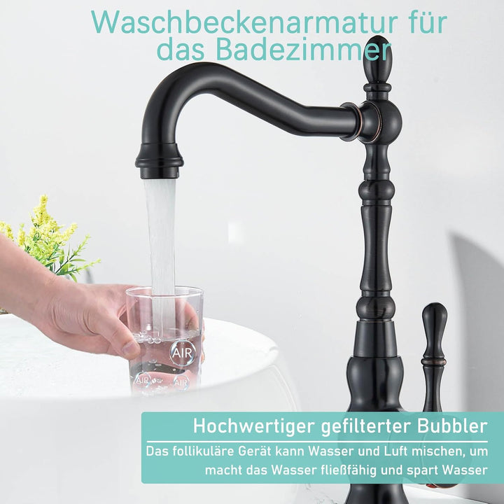 Suguword Schwarz Antikes Retro Einhebelmischer Bad Wasserhahn Waschtisch Armatur mit 360 ° schwenkba