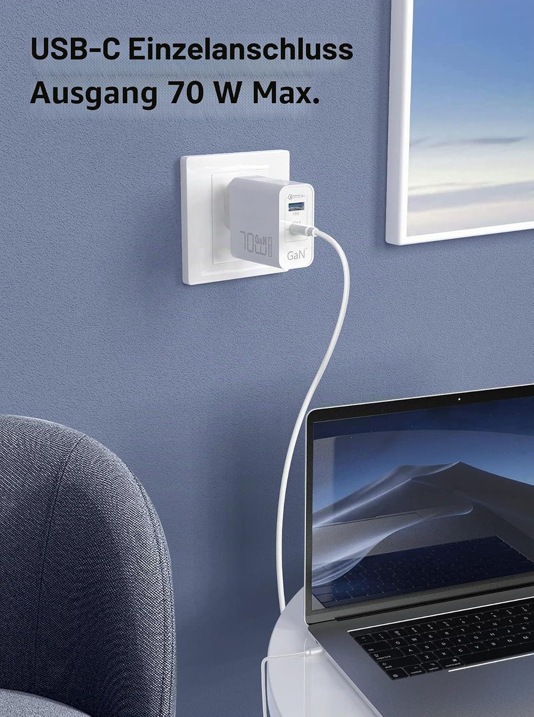 70W USB C Ladegerät, Type C PD GaN Netzteil mit 100W Schnellladekabel 2-Port USB C Netzteil (Funktio