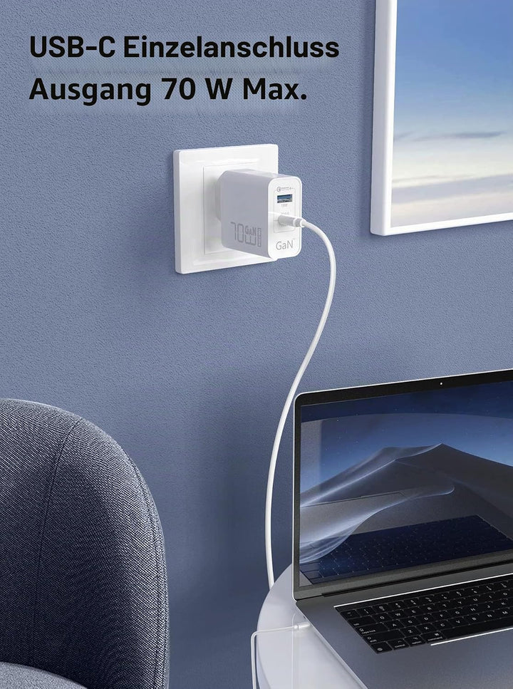 70W USB C Ladegerät, Type C PD GaN Netzteil mit 100W Schnellladekabel 2-Port USB C Netzteil (Funktio