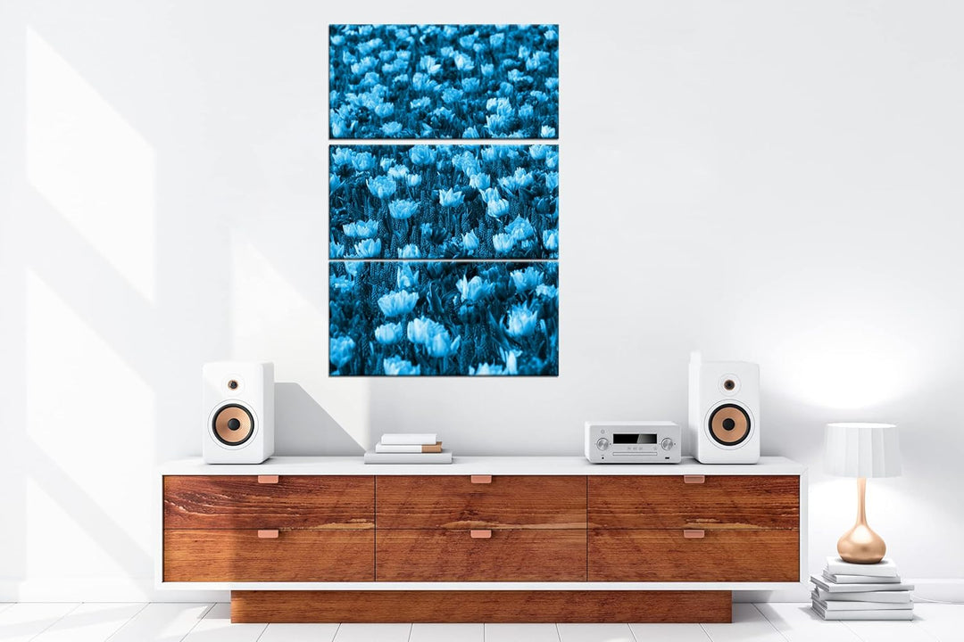 buntes Blumenfeld Effekt: Zeichnung Format: 3-teilig 120x80, Motiv fertig gerahmt auf Echtholzrahmen