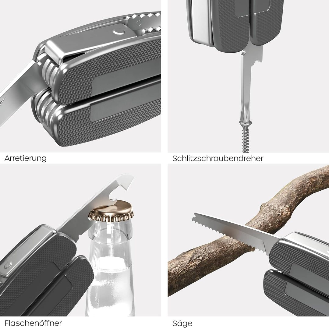 WORKER tool | Multitool mit Safety-Lock Verriegelung | 12 Funktionen | Edelstahlgriffe mit fein stru