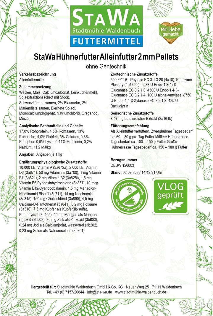 STAWA Hühnerfutter Alleinfutter, 2 mm Pellets, ohne Gentechnik, 25 kg, 25 kg