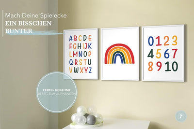 Papierschmiede® Kinderbilder 3er Set Lernposter, A4 gerahmt in Holzrahmen (weiss), Geschenk für Mädc