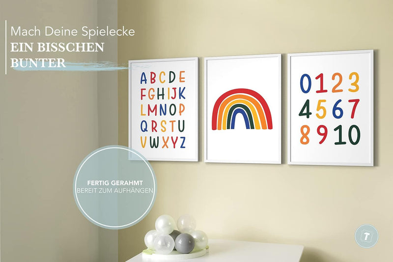 Papierschmiede® Kinderbilder 3er Set Lernposter, A3 gerahmt in Holzrahmen (weiss), Geschenk für Mädc