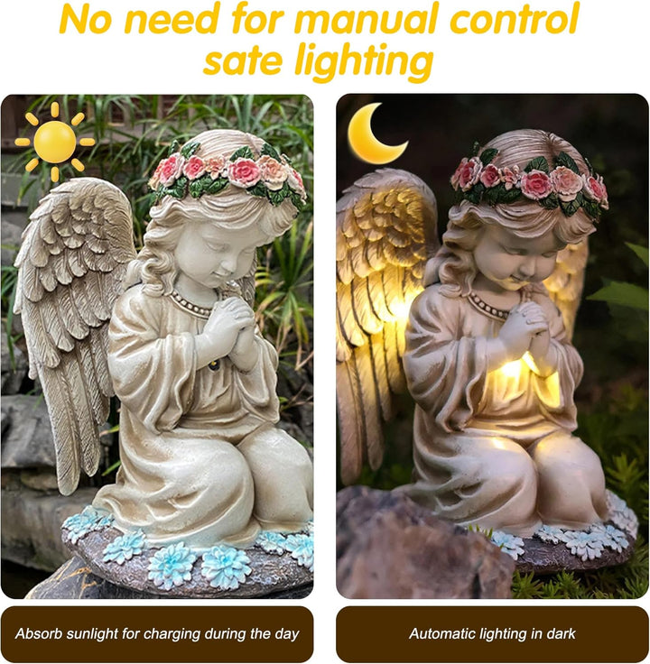 Solar Engel Gartenstatuen,LED Fairy Engel Figur,Wetterfest Grabschmuck für Friedhof, Fairy Engel Sku