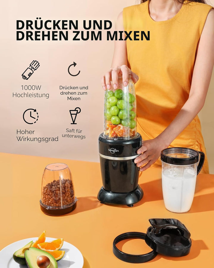Sangcon 1000 W Mixer für Smoothies, Mixer für die Küche mit 3 Tassen + 2 Auslaufabdeckungen + 1 Aufb