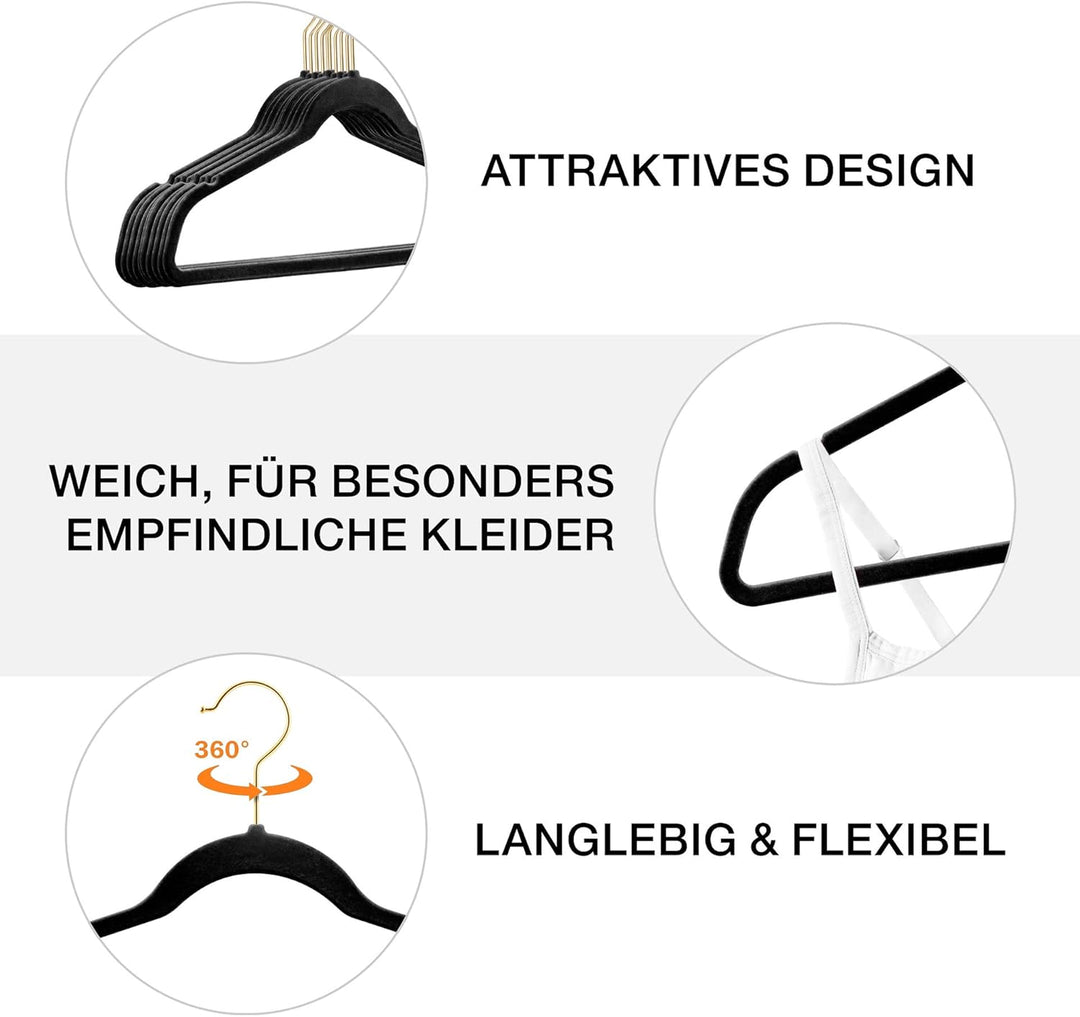 100 Stück hochwertige Samt Kleiderbügel in der Farbe Schwarz mit Gold Look Haken/Anti-Rutsch/von Sti