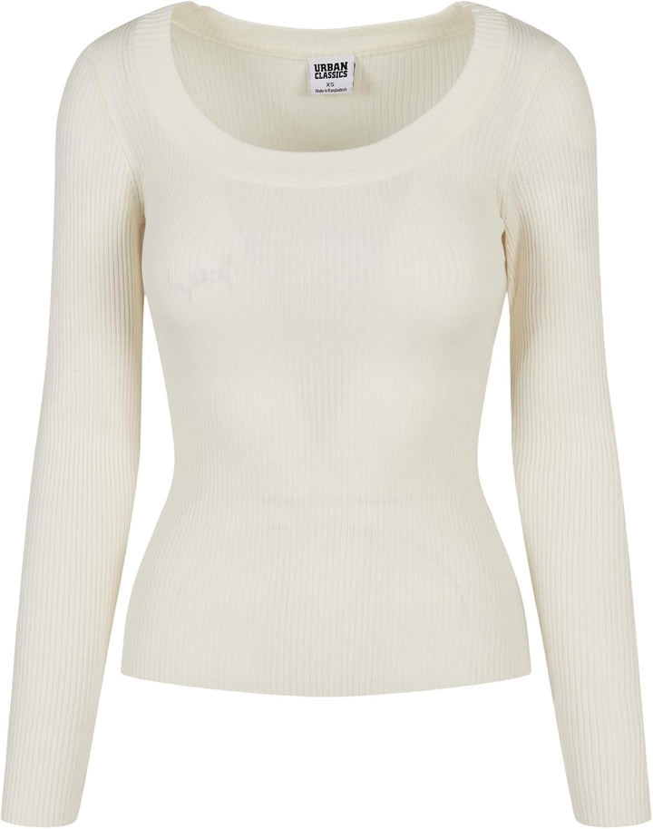 Urban Classics Damen Strickpullover Langarm mit weitem Ripp-Rundhalsausschnitt, leichtes Strick-Swea