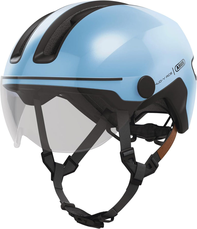 ABUS Stadthelm HUD-Y ACE - stylischer Fahrradhelm mit Visier und magnetischem, aufladbarem LED-Rückl