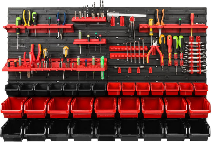 Lagersystem Werkstattregal | 115 x 78 cm | 32 stck. Box | Wandregal mit Werkzeughalterungen und Stap