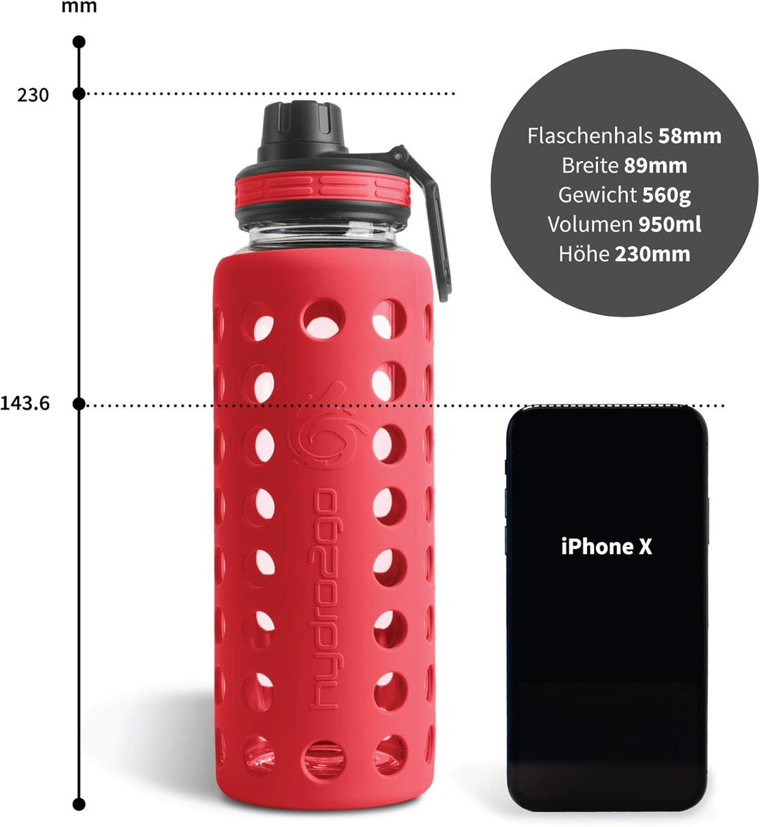 hydro2go® Trinkflasche aus Glas mit Silikonhülle 950 ml - spülmaschinenfest | 2 auswechselbare Decke