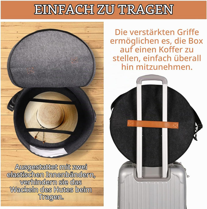 Grosse Hutschachteln mit Deckel, 45 cm × 30 cm Faltbare runde Hut-Aufbewahrungsbox aus Filz mit Grif