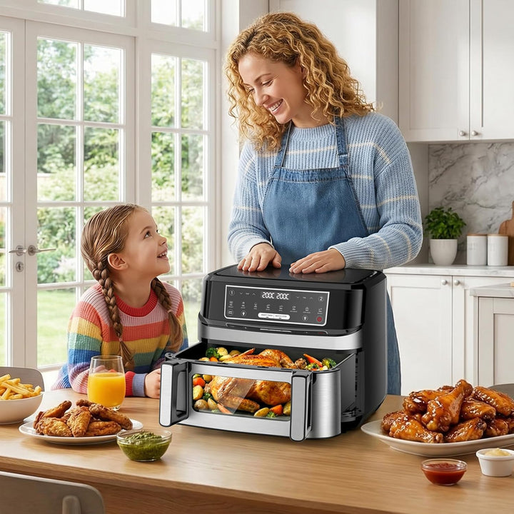 Heissluftfritteuse 12L | Air Fryer XXL Variabel für Einzel und Zweikammer, 2600W Doppel-Heizelement