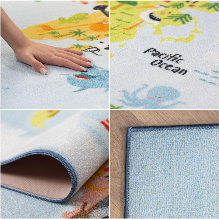 SIMPEX Kinderteppich Blau 120x170 cm Weltkarte mit Tieren Design Modern rutschfest Waschbar Pflegele