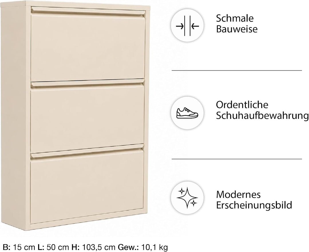 Schuhschrank Schmal mit 3 Klappen, Metall, Freistehend oder Wandmontage, für Flur, Eingang &amp; Diele,