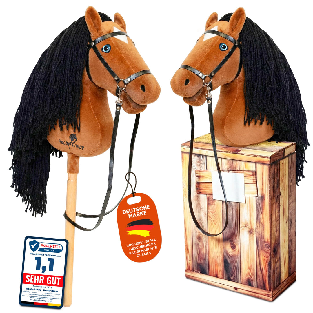 HobbyJumpy Neu Premium Hobby Horse,Steckenpferd,Stockpferd mit realistischen Augen & Stall‑Karton –