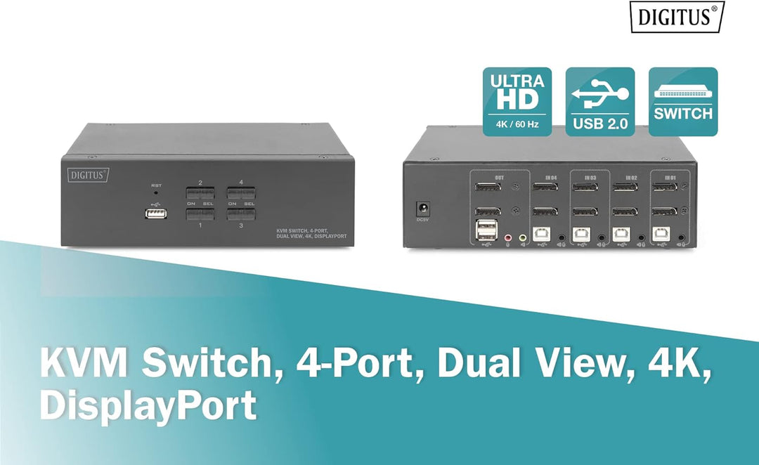 DIGITUS KVM-Switch DisplayPort – 4-Port Dual-Display – 4 PC 2 Monitore – 1x Maus, Tastatur & Audio f