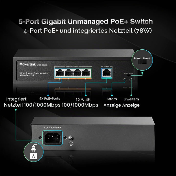 MokerLink 5 Port Gigabit POE Switch, with 4 Port POE+ 1000Mbps, 78W IEEE802.3af/at, Unmanaged Plug a