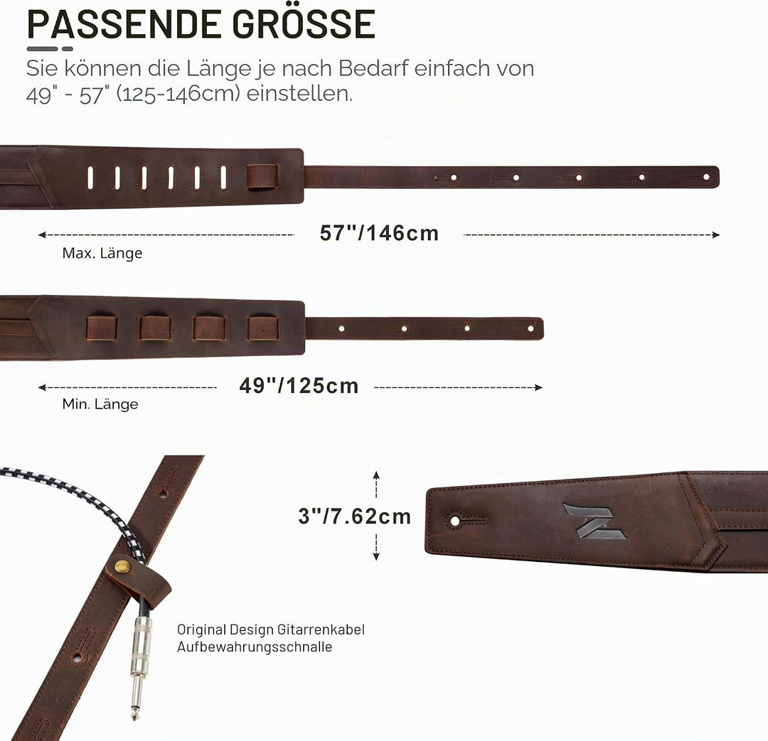 Nefelibata 3" Gitarrengurt, weiches italienisches Vollrindsleder, mit Schaumstoffpolsterung und Kabe