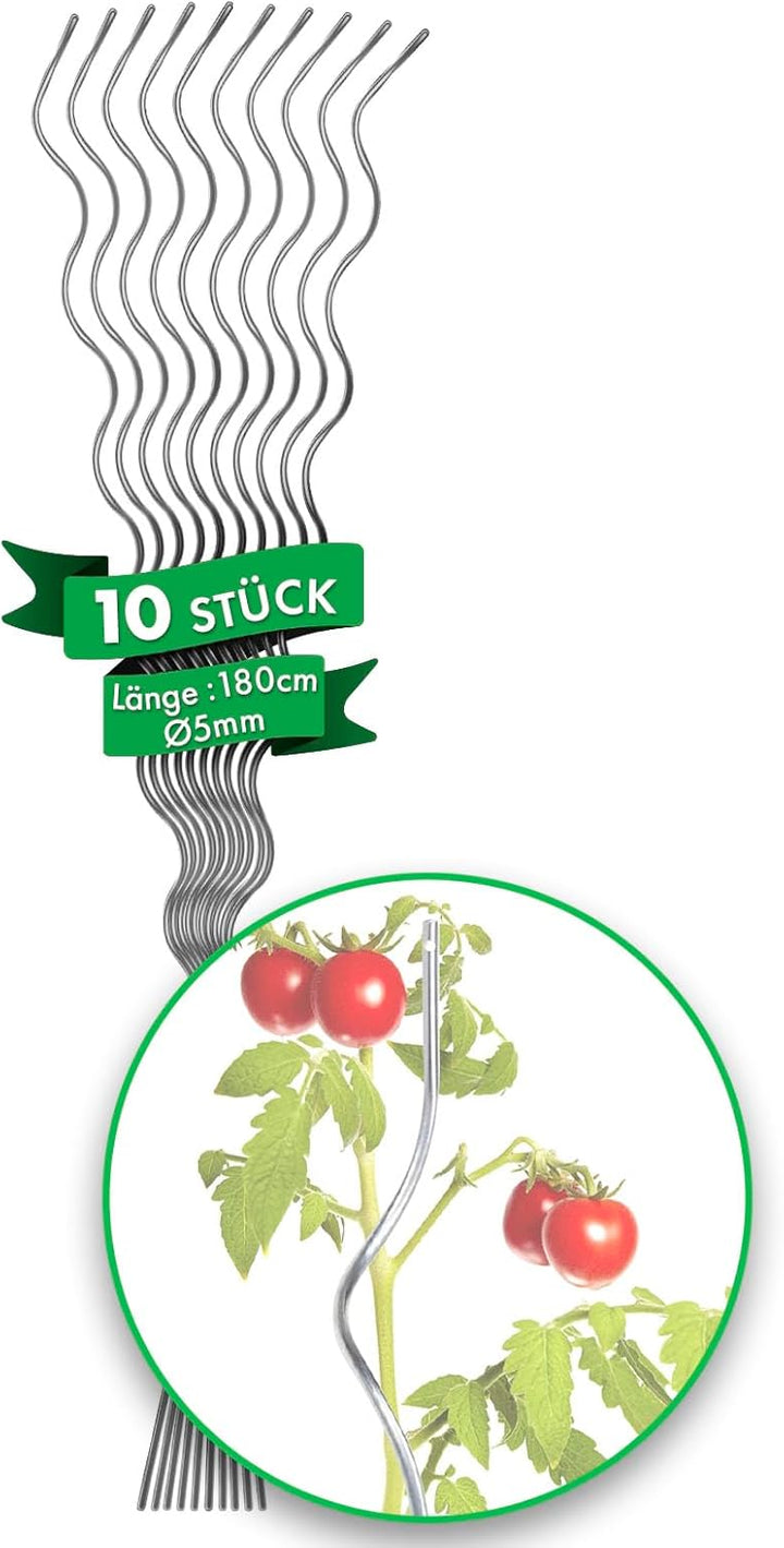 Floordirekt Tomatenspiralstäbe inkl. Zubehör Set - 180 cm Länge - 10 Stück - Tomatenstab - Spiralsta