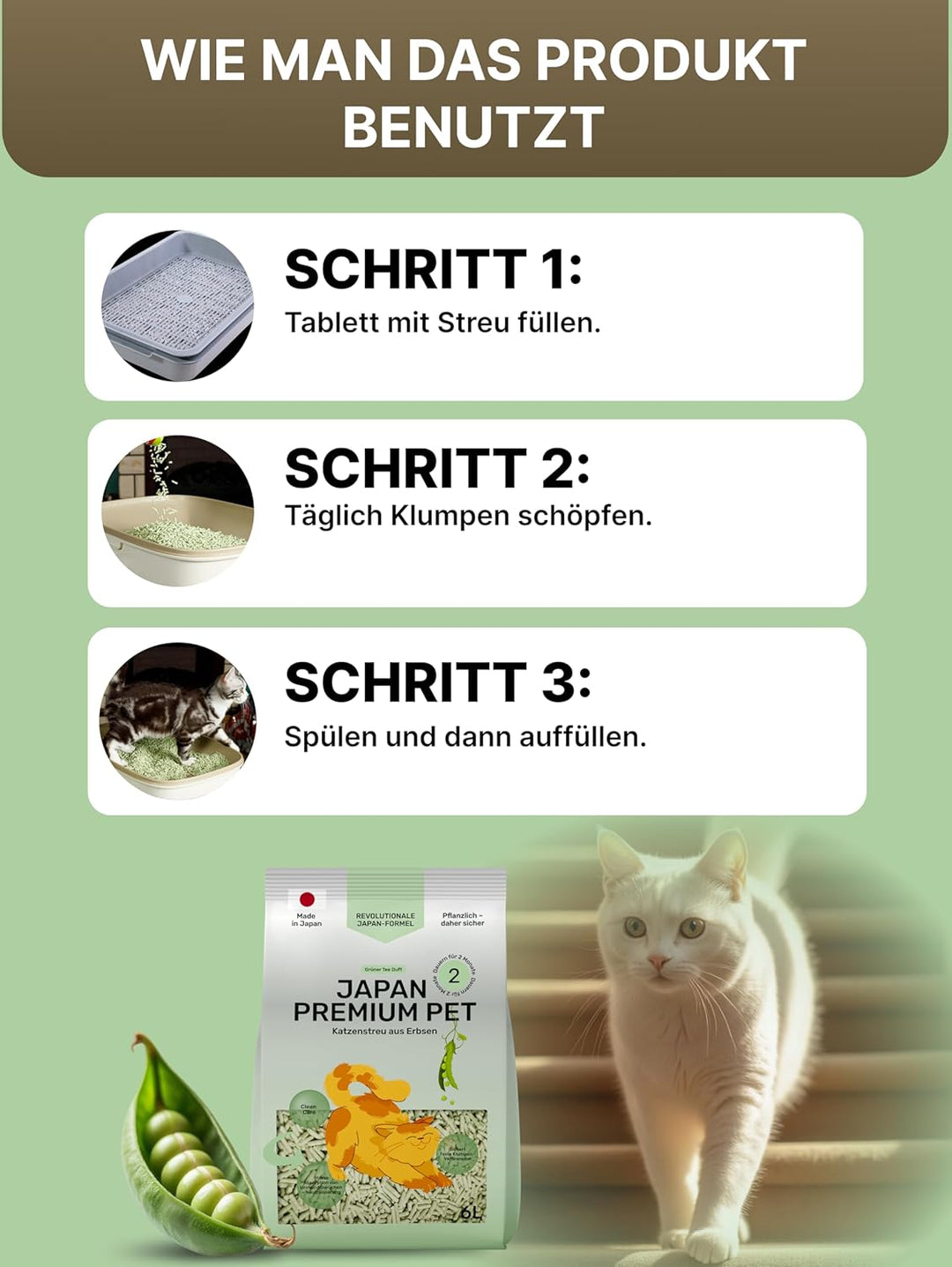 Tofu Katzenstreu aus Grünen Erbsen | Spülbar &amp; Klumpend | Antibakteriell | Geruchskontrolle &amp; Staubf