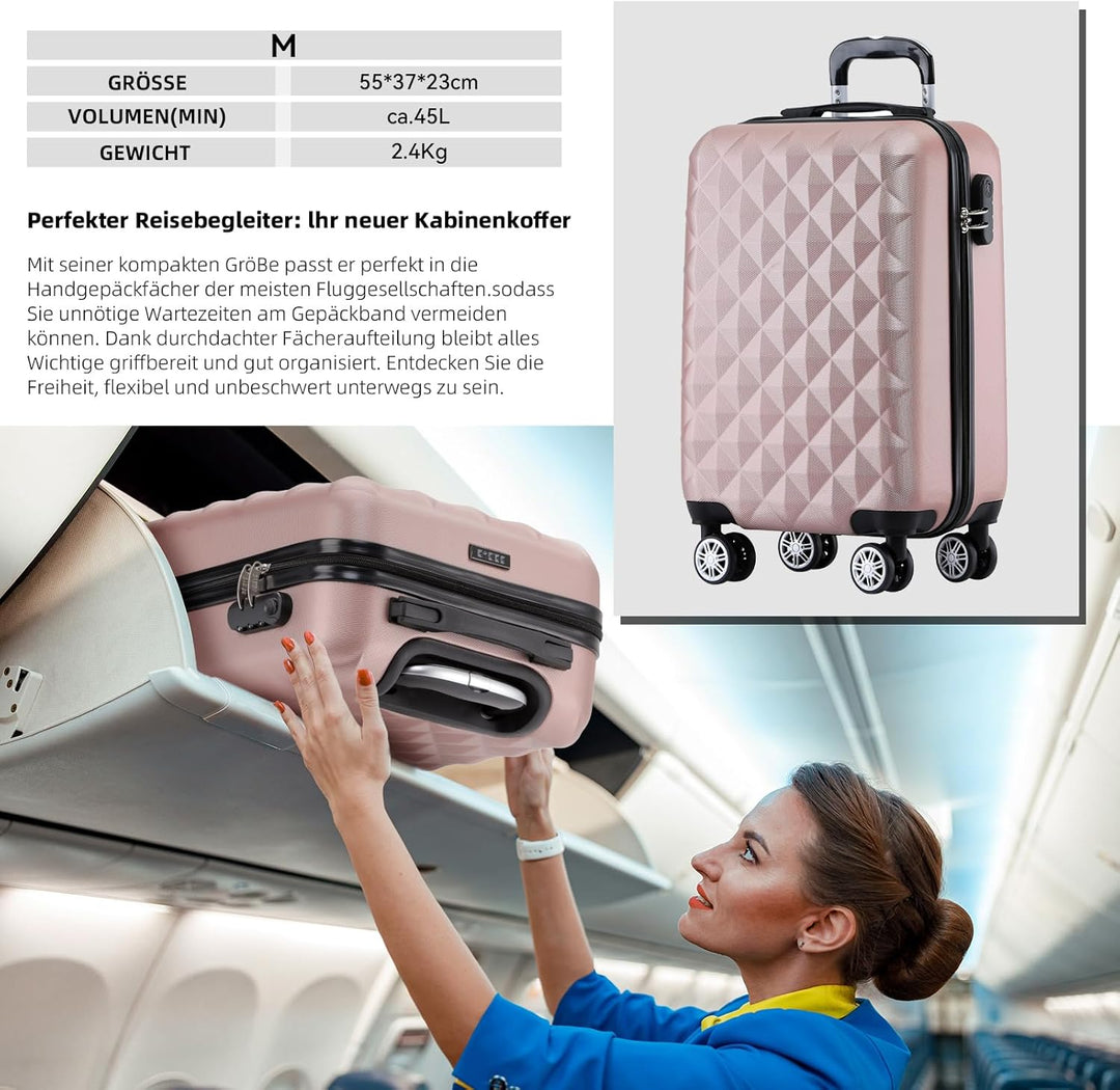 BEIBYE Zwillingsrollen 2066 Hartschale Trolley Koffer Reisekoffer Gepäck M-L-XL-Set (Rosa Gold, M) R